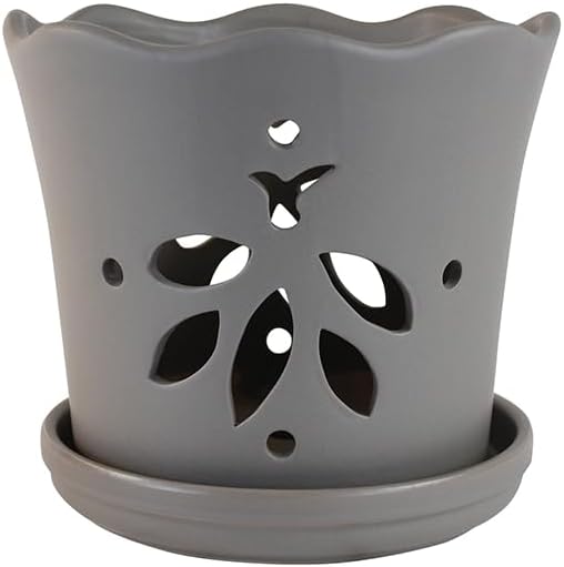 Generic Garden & Home Matte Grey 8 Inch Indoor Orchid Plant Pot with an Attached Saucer and Drainage Hole for House Plants, Herbs, Flowers, Succulent Plants, Snake Plants, Gifts for Mom