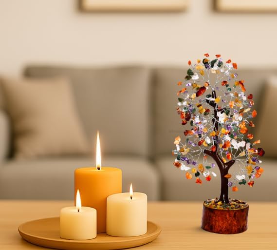 Mix Chakra Crystal Tree with Silver Wire – 7 Chakra Gemstone Bonsai Tree for Healing, Positivity & Decor