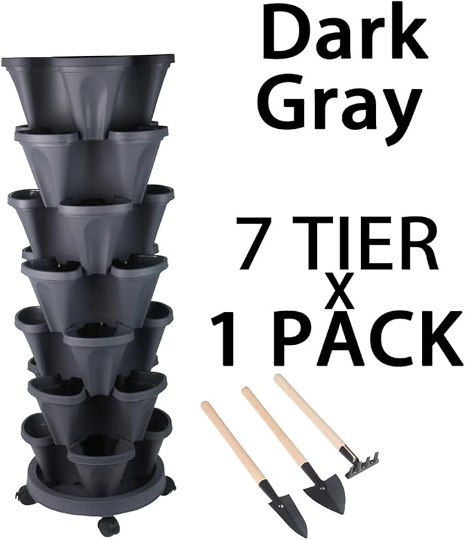 GameXcel Vertical Planter 7 Tier Stackable Planters Garden Planters Strawberry Herb Flower and Vegetable Planter Indoor Outdoor Gardening Pots with Removable Wheels and Tools