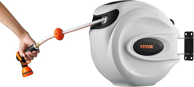VEVOR Retractable Hose Reel, 115 ft x 1/2 inch, Garden Water Hose Reel with 9-Pattern Nozzle, 180° Swivel Bracket Wall-Mounted, Automatic Rewind, Lock at Any Length, with Slow Return System