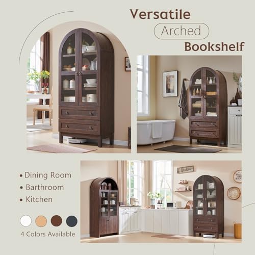 71" Tall Arched Bookshelf, 4-Tier Bookcase with Glass Doors and Shelves, Wooden Display Cabinet w/2 Large Storage Drawers, Modern Farmhouse Versatile Bookshelf for Living Room, Bedroom, Brown