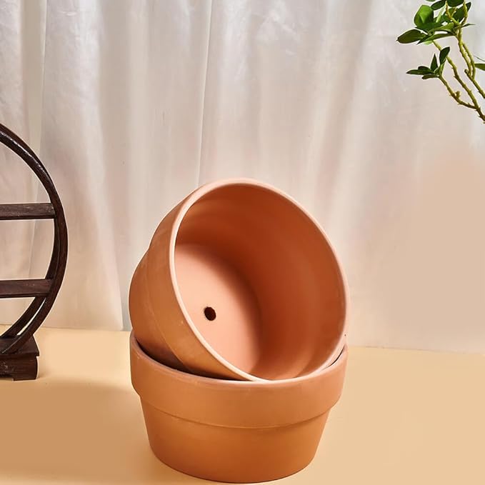 8 Inch Shallow Terracotta Pot for Succulent - 2 Pcs Large Clay Planter Pots with Drainage Hole, Shallow Plant Pottery Pots for Cactus Succulent and Other Indoor Outdoor Plants
