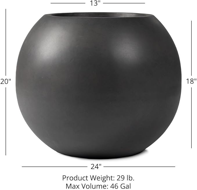 Ash & Ember 24" Round Sphere Charcoal Planter, 46 Gallon Lightweight Fiberstone Composite with Weather-Resistant Finish, Modern Planter Pot for Indoor and Outdoor Plants