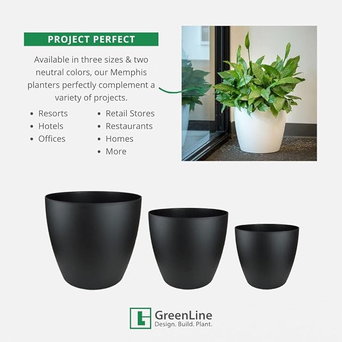 Memphis 18" Round Indoor Floor Planter Pot – Lightweight & Durable Plastic, Modern Design, Made in USA, Recyclable Large Plant Container for Home & Office Décor (Black)