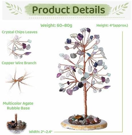 YATOJUZI Rainbow Fluorite Crystal Trees Natural Crystals Stones Gemstones Tree Copper Wire Agate Base Tree of Life Feng Shui Decor Reiki Energy Lucky for Room Desk Home Decors Gifts for Women Men