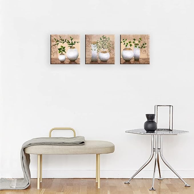 3 Piece Wall Art for Bathroom/Hallway, SZ HD Elegant Canvas Painting Prints of Green Spring Plants in Vases on Beige/Tan Picture (Waterproof Decor, Ready to Hang, 12x12 x3)