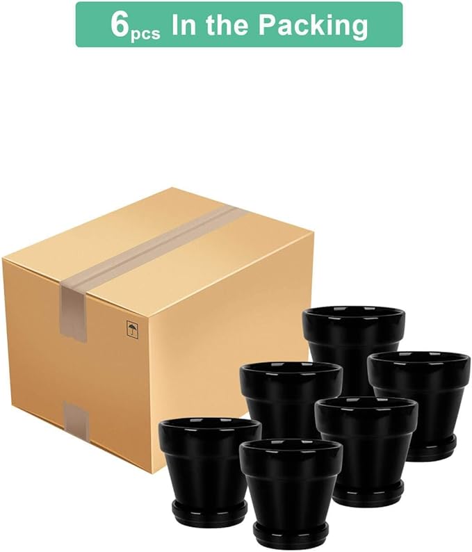 vensovo 4 Inch Black Ceramic Pots for Plant with Saucer - 6 Pack Small Ceramic Planter with Drainage Hole, Flowerpot with Tray, Great for Indoor Outdoor Plants, Crafts, Wedding Favor