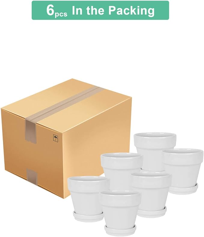 vensovo 4 Inch White Ceramic Pot for Plant with Saucer - 6 Pack Small Ceramic Plant Pot with Drainage Hole, Flower Pot with Tray, Succulent Pot for Indoor Outdoor Plant