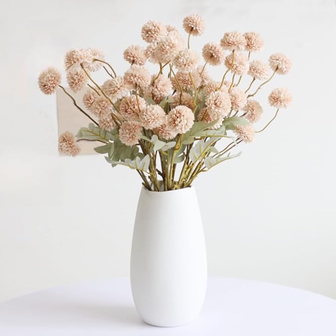 10PCS Artificial Chrysanthemum Ball Flowers Fake Mums with Long Stems Pom Pom Faux Mini Mum Flower Arrangements for Home Party Wedding Decoration (Beige)