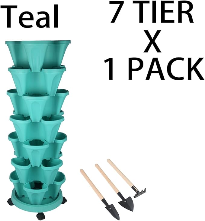 GameXcel Vertical Planter 7 Tier Stackable Planters Garden Planters Strawberry Herb Flower and Vegetable Planter Indoor Outdoor Gardening Pots with Removable Wheels and Tools