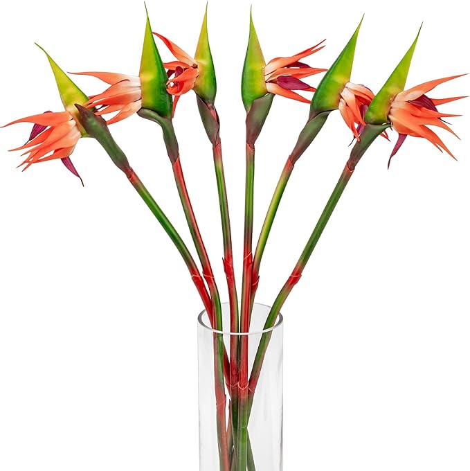 6 PCS Artificial Bird of Paradise Flowers, Real Touch 26inch Long Stem Flower Made of Soft Rubber PU for Indoor Outdoor Home Wedding Floral Arrangement Garden Party Decor (Orange)