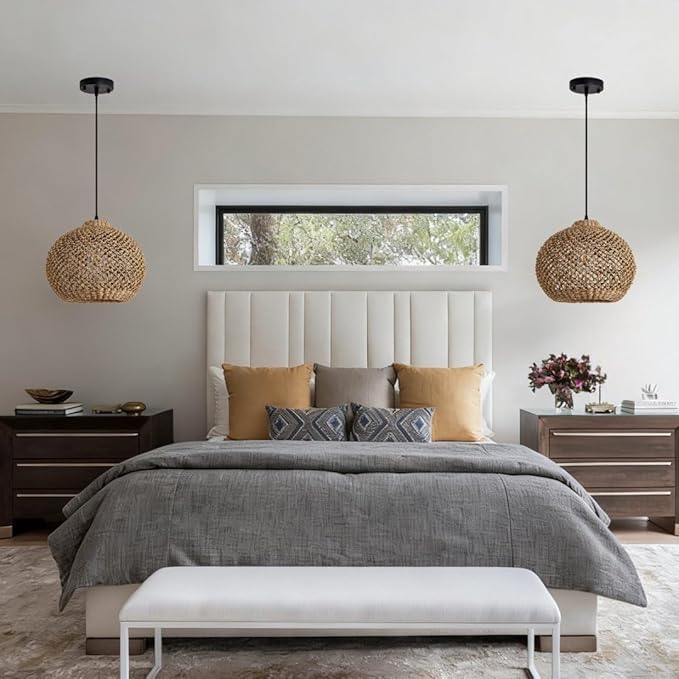 Farmhouse Rattan Pendant Lights, 13.8" Wicker Hand-Woven Rustic Chandelier, Round Hanging Light Fixture for Kitchen Island Bedroom Hallway Entry Living Room Dining Coffee Bar