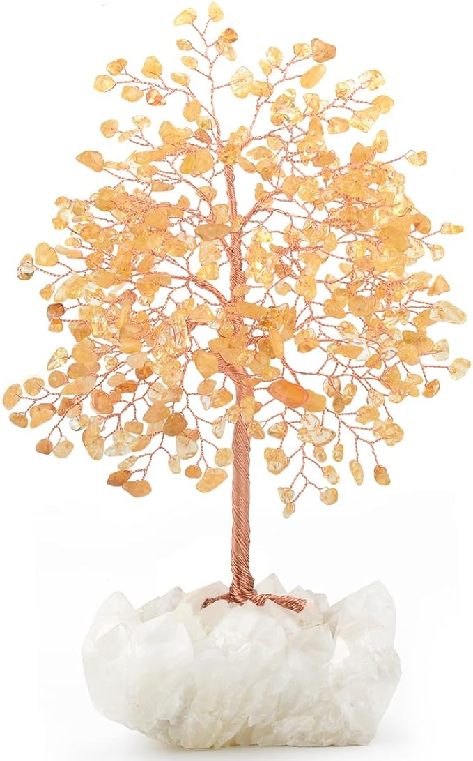 Gemstone Crystal Tree of Life,Natural Citrine with Row Clear Quartz Base,Chakra Healing Crystals Positive Energy Fengshui Decor Bonsai Money Tree,Home Decor Gift Height 8.5-9 Inches