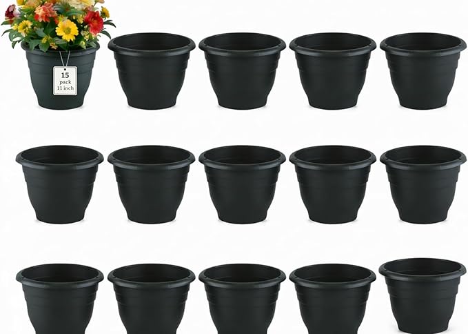 Plant Pots Indoor with Drainage, 15 Pack 11 Inch Plastic Pots for Plants(10 inch Inner Diameter), Durable Plastic Flower Pots, Planters for Indoor Ourdoor Plants, Black