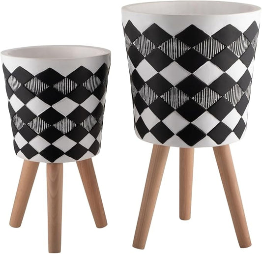 10/12" Set of 2 Geometric Planters for Outdoor and Indoor, Resin & Wood Mid-Century Modern Plant Pots with Stands for Garden and Home Decor, Herb, Succulent & Flower Pot