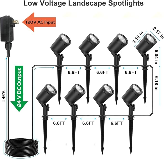 ZYAN Die-Cast Aluminum Landscape Spotlights, 6W 600LM 2700K Warm White, Low Voltage IP65 Waterproof Outdoor Landscape Lighting for Garden Yard Path, 8 Pack