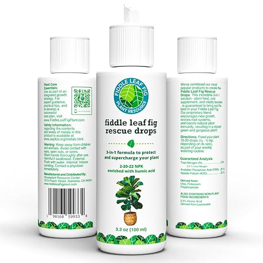 Fiddle Leaf Fig Rescue Drops โ Treats Root Rot, Brown Spots, Leaf Drop & Stress | Immune Boosting Liquid Formula Concentrate | Easy to Use | Safe for All Tropical Plants | 3.3 oz | Made in USA