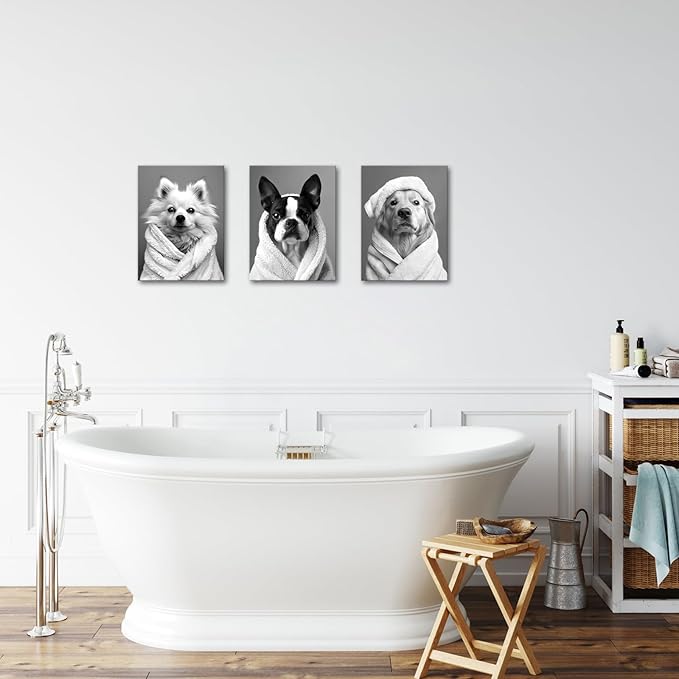 AoArtWZ Black and White Dogs Canvas Wall Art Funny Animal Chihuahua Labrador in Bathrobe Painting Picture Artwork Prints for Home Bathroom Decor Framed 12"x16"x3 Pcs