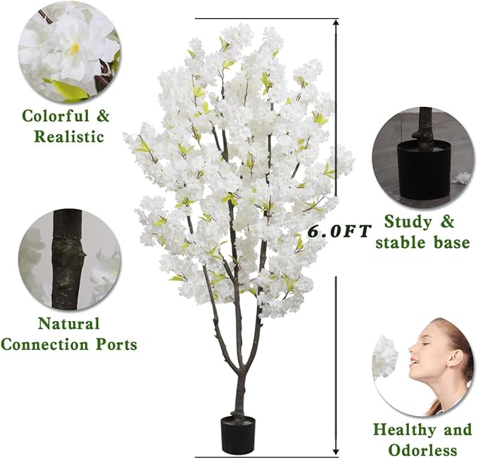 Faux White Cherry Blossoms Tree 6FT Flowering Tree Artificial Cherry Blossom Tree for Bedroom Home Christmas New Year Decor