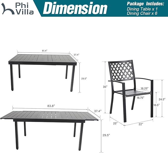 PHI VILLA 7 Piece Outdoor Dining Table Sets, Expandable Rectangular Metal Dining Table and 8 Bistro Metal Chairs for Patio, Deck, Yard