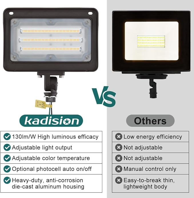 kadision LED Flood Light Outdoor, 50W/40W/30W 6500lm 3000K/4000K/5000K Selectable, Dusk-to-Dawn Photocell, IP65 Waterproof Adjustable Knuckle Mount Security Lights, 100-277V ETL Listed