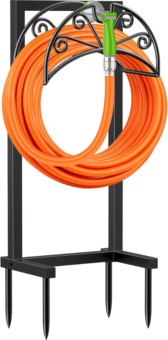 TomCare Garden Hose Holder Heavy Duty Water Hose Holder Holds 160 FT Hoses Freestanding Hose Reel 4 Spikes Outdoor Hoses Storage Hanger for Outside Yard, Black