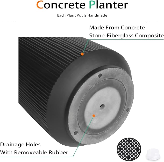 Concrete Planter Outdoor Indoor, Large Cement Plant Pots with Saucer for Trees Flowers (Vertical Black, 17 inch)