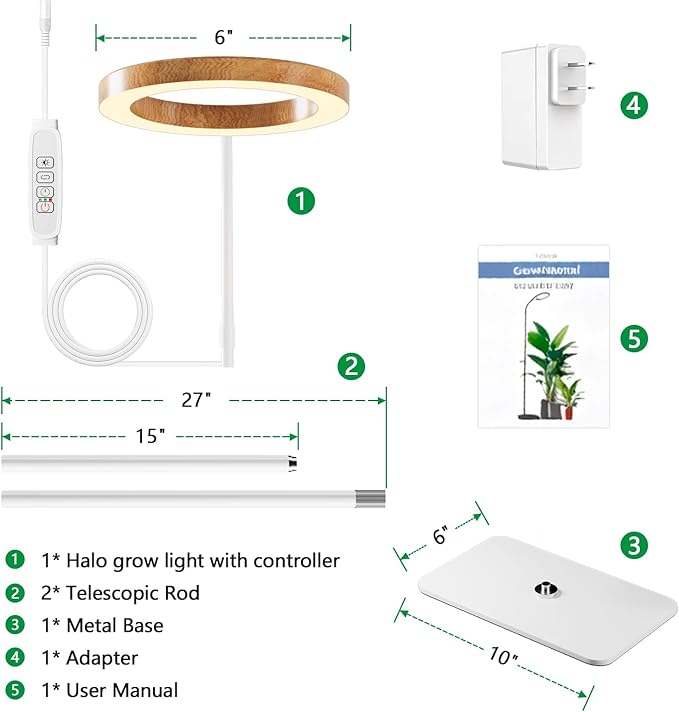One Head Grow Light for Indoor Plants Full Spectrum - Floor Standing Plant Lamp with Auto Timer 6/12/18H, 5-Level Dimmable & Adjustable Height 16.5-68in for Large Tall Plants | Faux Wood Design
