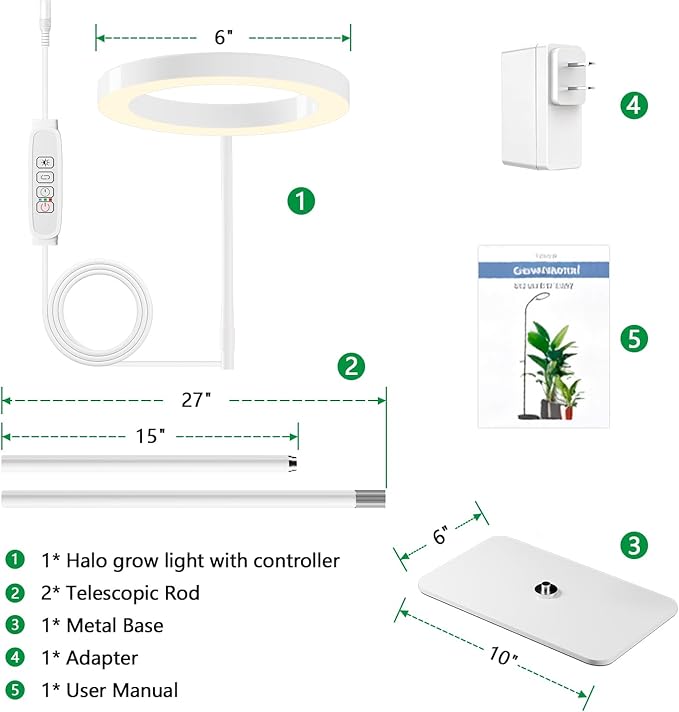 One Head Grow Light for Indoor Plants Full Spectrum - Floor Standing Plant Lamp with Auto Timer 6/12/18H, 5-Level Dimmable & Adjustable Height 16.5-68in for Large Tall Plants | White