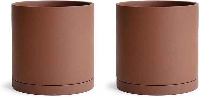 D'vine Dev 6 Inch Rust Terracotta Plant Pot with Drainage Hole and Saucer, Round Cylinder Planter Pot for Indoor Plants, Set of 2, 40-V-C-2