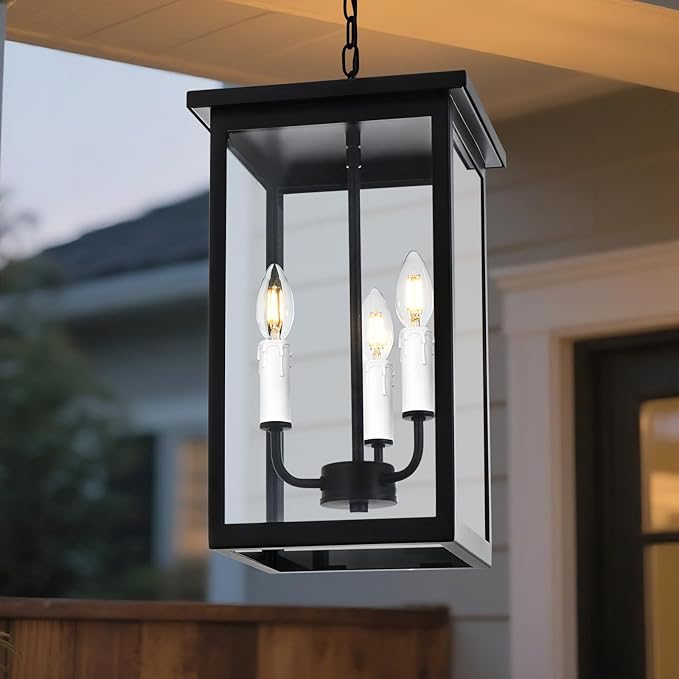 3 Lights Indoor Pendant Light White Outdoor Chandelier Exterior Hanging Fixture Ceiling Mount with Clear Glass Shade Hanging Lantern Light Adjustable Pendant Light for Outdoor Hallway