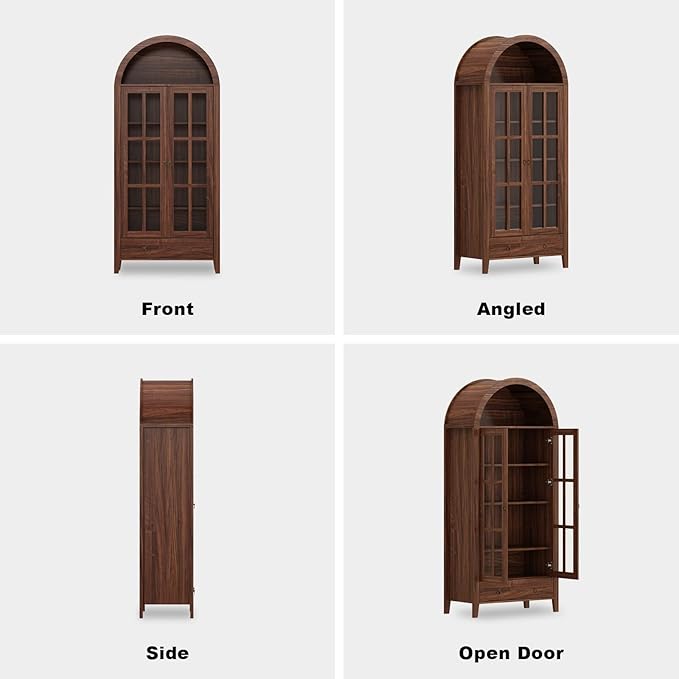 71" Tall Arched Cabinet, Modern Farmhouse Wooden Display Cabinet with Drawer and Glass Doors, 6 Tier Bookshelf w/Adjustable Shelves for Living Room, Office, Walnut