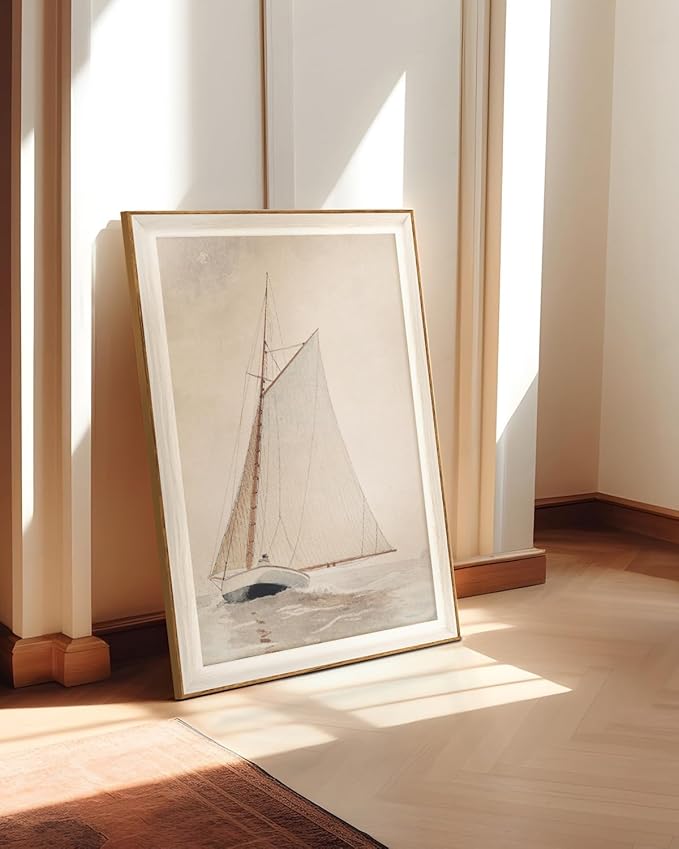 InSimSea Framed Canvas Wall Art of Large Coastal Sailboat - Classical Coastal Art Work, White Sailboat Sea Art Painting, Large Home Decor Artwork 24x36In