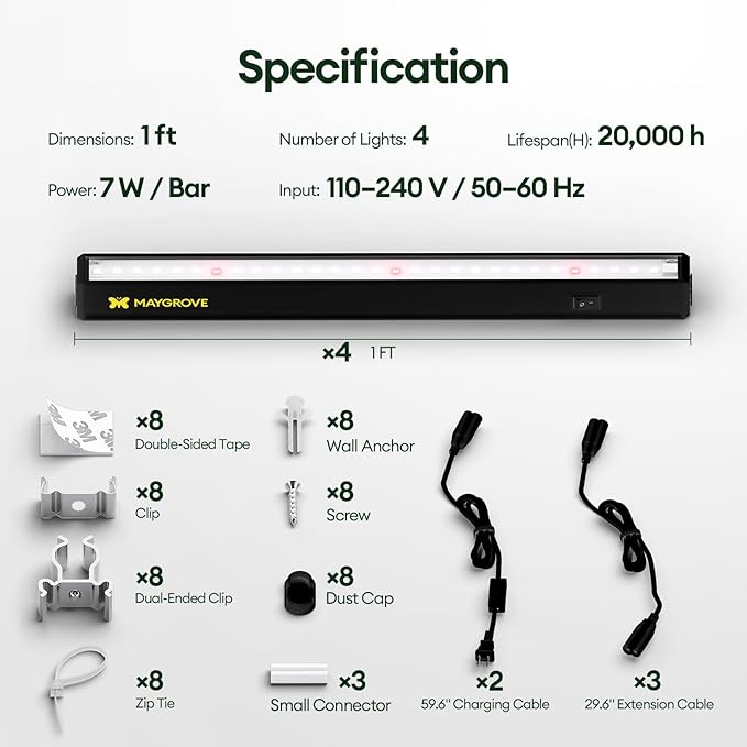 Grow Lights for Indoor Plants 1FT, Red-Enhanced Full Spectrum 5000K Grow Light, 28W(4 x 7W), T5 LED Grow Light Strips for Leafy Greens and Vegetables, High PPFD, Linkable, Black, 4-Pack