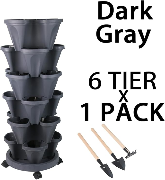 GameXcel Vertical Planter 6 Tier Stackable Planters Garden Planters Strawberry Herb Flower and Vegetable Planter Indoor Outdoor Gardening Pots with Removable Wheels and Tools
