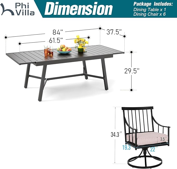 PHI VILLA 7 Pieces Outdoor Dining Set for 6, 84" Long Expandable Metal Table & Swivel Wrought Iron Chairs with Cushions, Large Furniture Set for Patio, Deck, Yard, Porch - Black