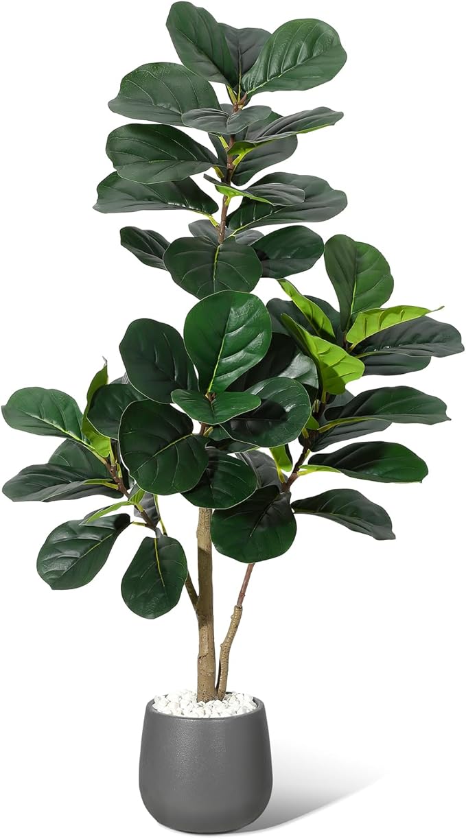 4 ft Fiddle Leaf Fig Tree Artificial with 48 Leaves - Realistic Faux Ficus Lyrata Trees in 7.8 in Grey Planter Pot, Indoor Fake Floor Plants for Home Office Living Room Decor, Housewarming Gift