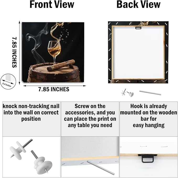 Whiskey & Cigar Framed Canvas Wall Art Set of 4, Modern bar pictures Artworks for Wall Decor, Liquor Still Life Glass Smoke Decor for Kitchen Bar Pub Home, 7.9"x7.9"