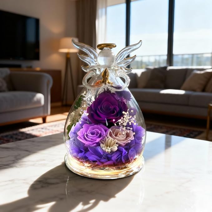 Purple Rose Valentines Day Gifts for Her Birthday Christmas Gifts for Women, Forever Rose in Glass Flowers for Delivery, Preserved Rose Angel Figurine for Mom Grandma, Mother’s Day Birthday Gifts