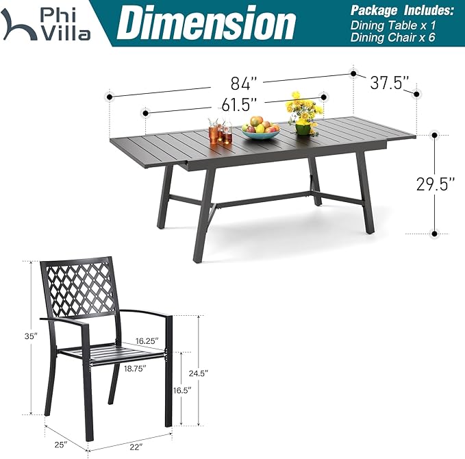 PHI VILLA 7 Pieces Outdoor Dining Set for 6, 84" Long Expandable Wrought Iron Table & Stackable Metal Chairs, Large Furniture Set for Patio, Deck, Yard, Porch - Black