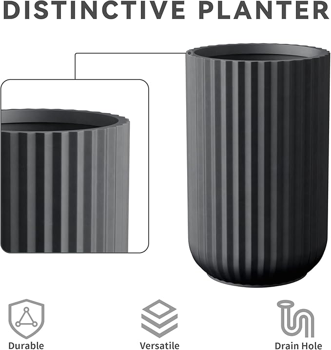 Kante Tall Fulted Planter, 17.7 Inch Tall Round Concrete Plant Pots with Drainage Hole and Rubber Plug, Modern Decor for Indoor Outdoor Plants, Flower, Black