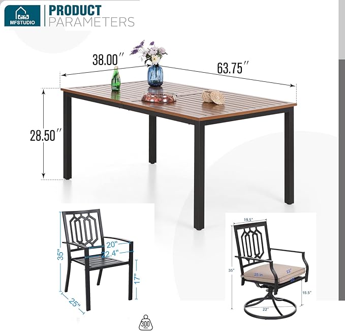 MFSTUDIO Outdoor Dining Set for 6, Metal Patio Table and Chairs Set with Umbrella Hole, 7 Piece Patio Dining Set with Stackable and Swivel Chairs