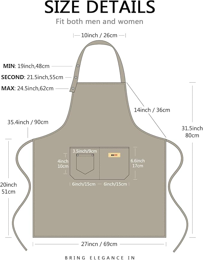 Adjustable Button Apron for Women Men Artist Painting Pottery Garden Cooking Kitchen Chef 3 Pockets Waterproof M-XXL