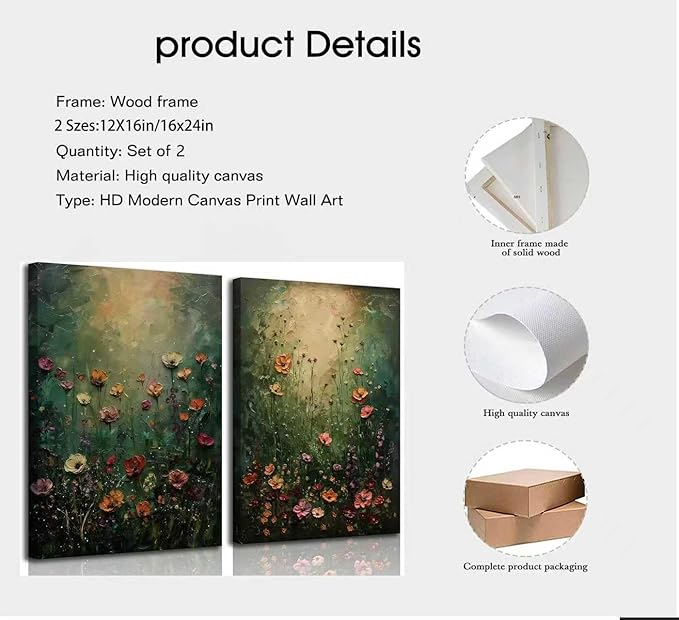 2Psc Vintage Framed Canvas Wall Art Dried Flowers Painting Picture Wall Decor Retro Moody Floral Botanical Poster Print Artwork for Bathroom Bedroom Living Room Gallery Home Decoration
