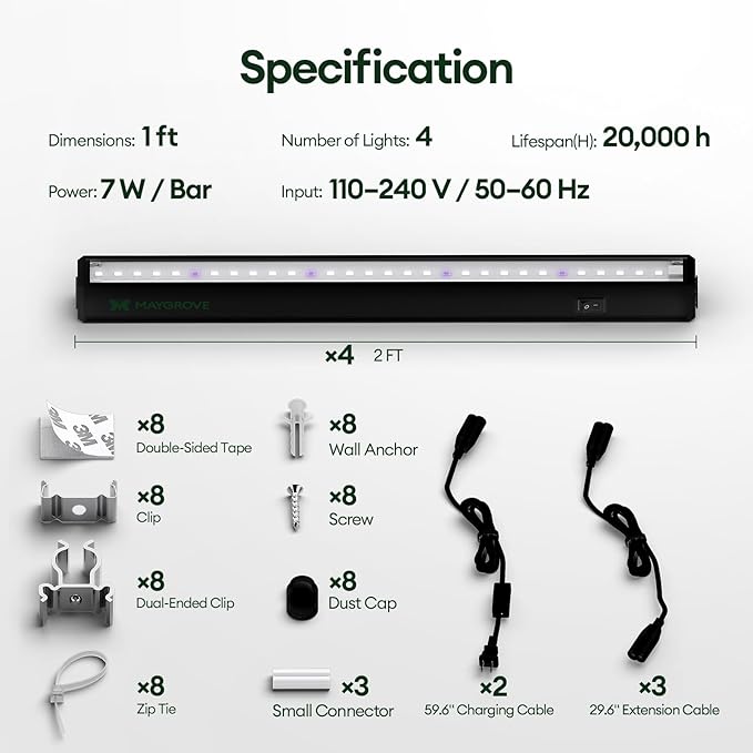 Grow Lights for Indoor Plants 1FT, Blue-Rich Full Spectrum 5000K Grow Light, 28W(4 x 7W), T5 LED Grow Light Strips for Succulents, High PPFD, Linkable, Black, 4-Pack