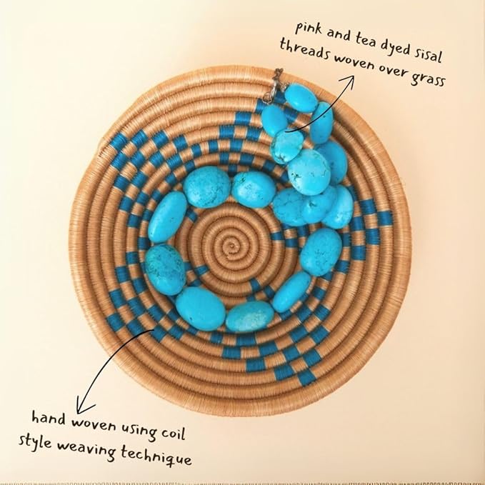 Small Decorative Bowl, Centerpiece, Storage, Organizaing, Home Décor Accents, Woven, Boho, 7" Wide, Turquoise Blue