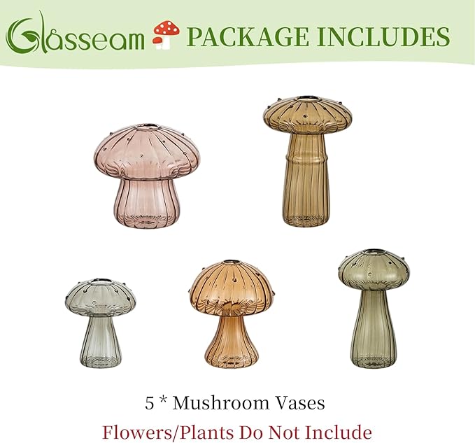 Glasseam Mushroom Glass Planter for Plants: Set of 5 Handmade Plant Propagation Stations - Fall Colored Small Hydroponic Terrarium Jars for Home Decor for Plant Lovers