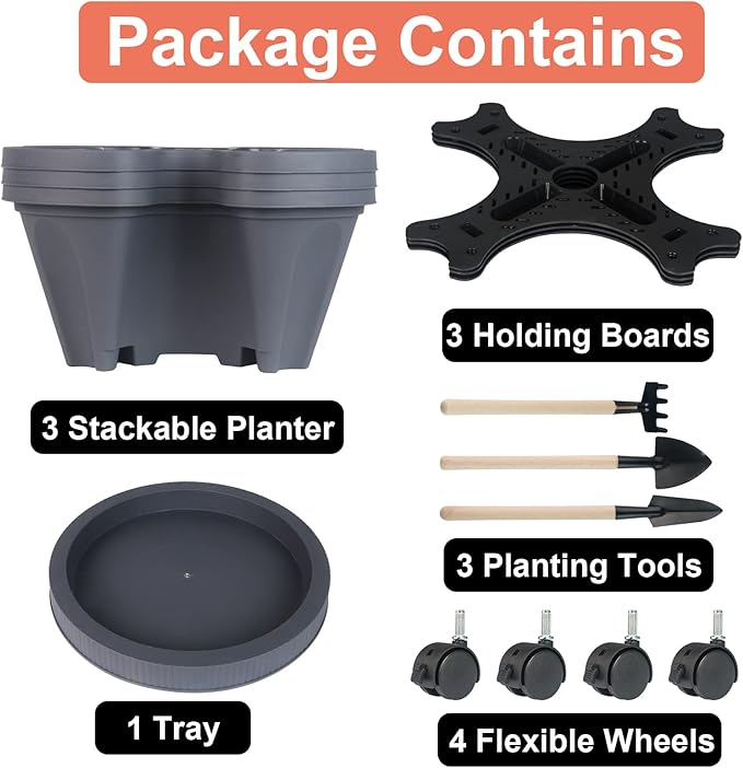 GameXcel Vertical Planter 3 Tier Stackable Planters Garden Planters Strawberry Herb Flower and Vegetable Planter Indoor Outdoor Gardening Pots with Removable Wheels and Tools
