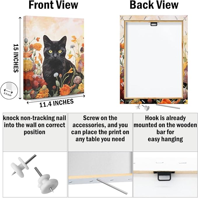 3 PCs Garden Cat Wall Decor Canvas Wall Art Framed Art Cat Posters, Cat Decor for Cat Lovers, Cat Lover Gifts, Aesthetic Artwork for Walls Living Room Bathroom Kitchen Bedroom Home Office Decor