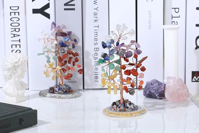 7 Chakra Healing Crystal Tree of Life Natural Gemstone Agate Slice Base Copper Wire Wrapped Money Trees Feng Shui Reiki Spiritual Energy Decorations Home Office Room Desk Decor Gifts for Women Men